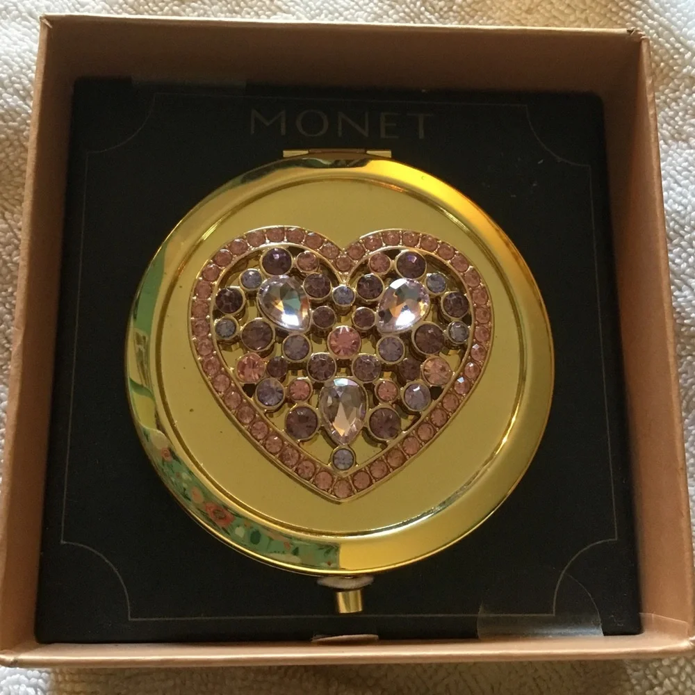 Monet Gold-tone Heart Compact with Pink & Purple Stones